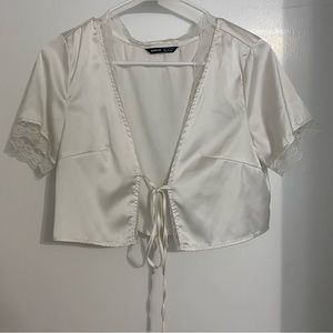 Shein lace trim tie front satin top